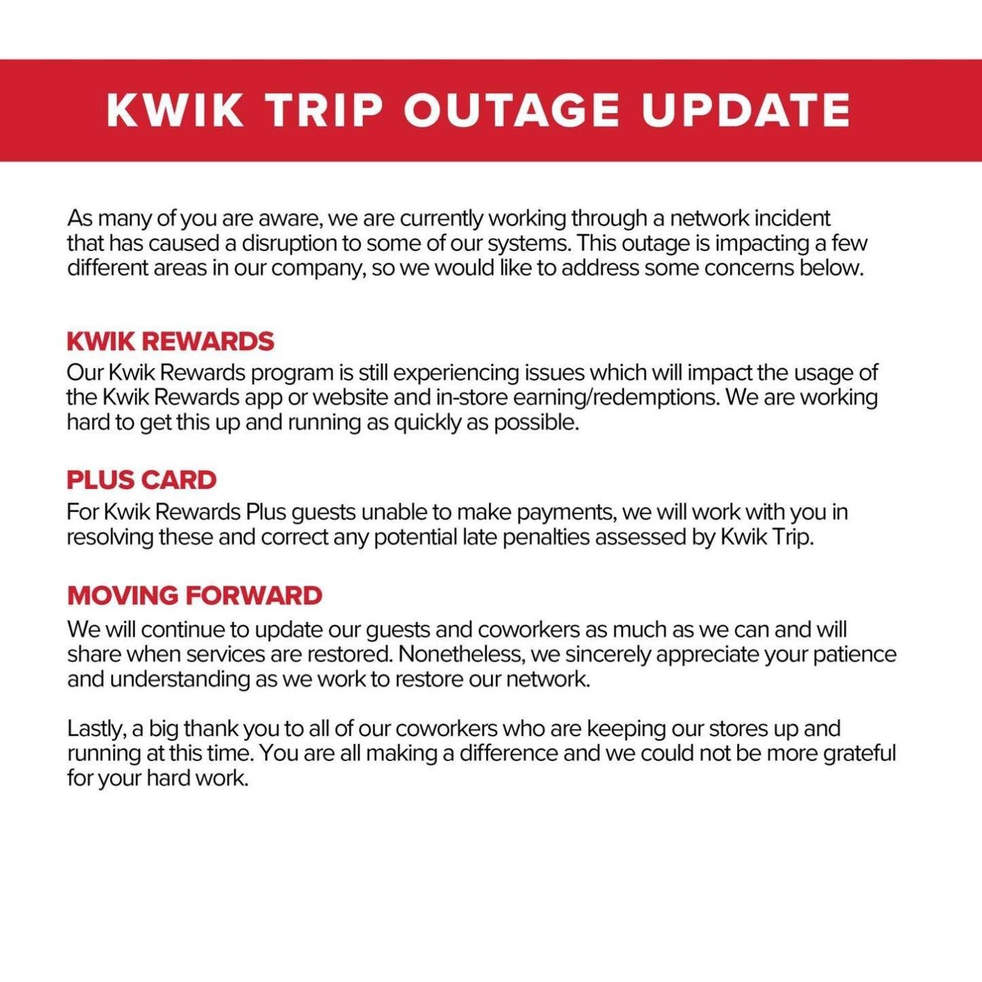 Kwik Trip system disrupted by incident, spokesperson says