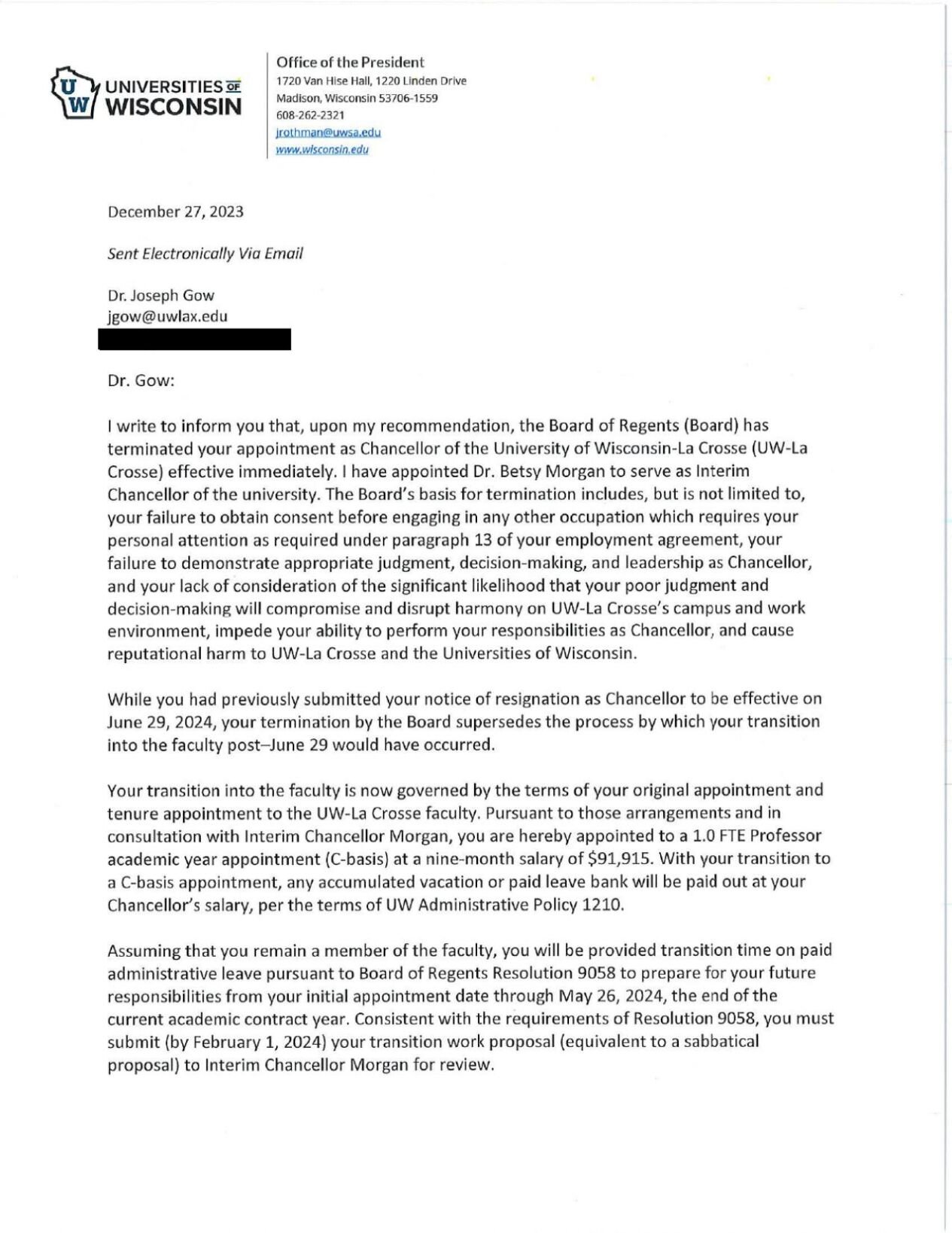 READ: Former UWL chancellor Jow Gow termination letter | Local News |  news8000.com