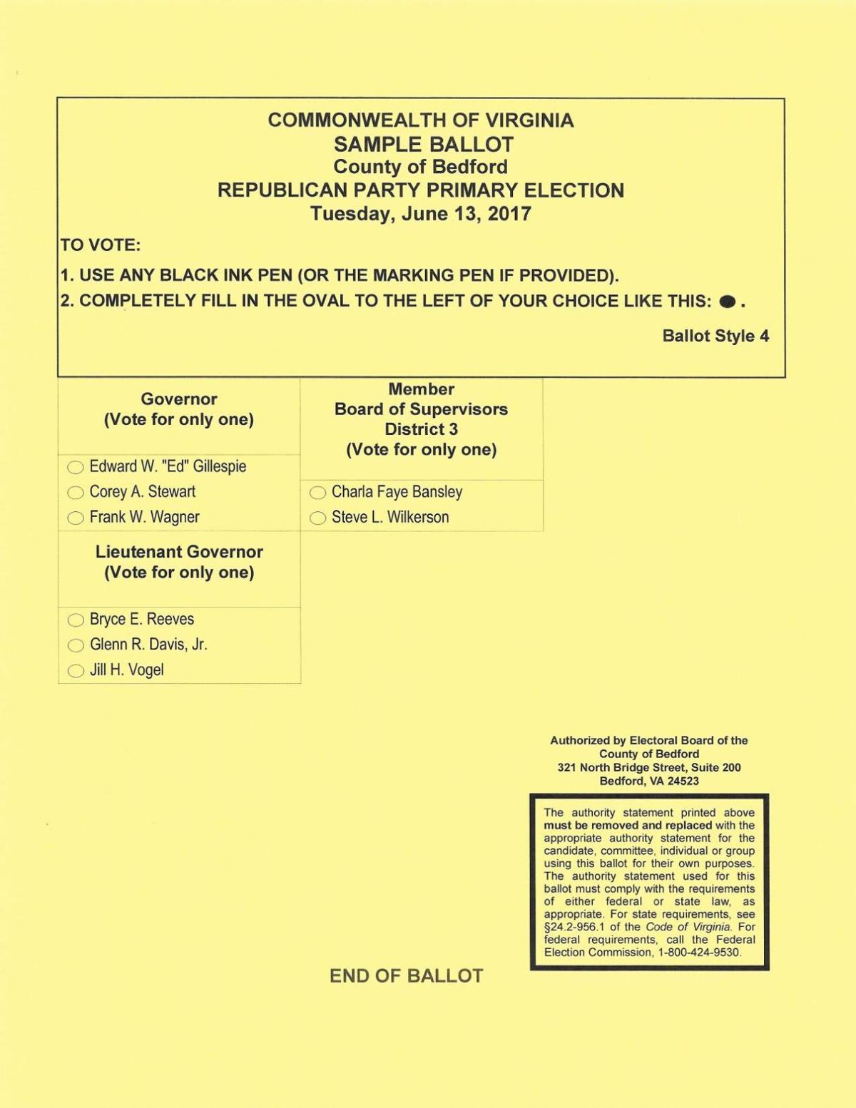 Bedford County sample ballot District 3