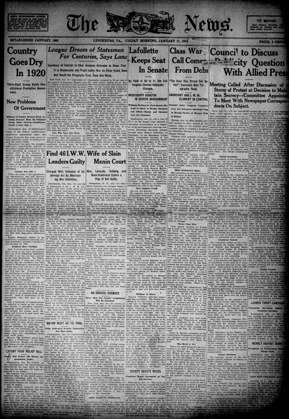 The News Advance front pages: Prohibition begins ends