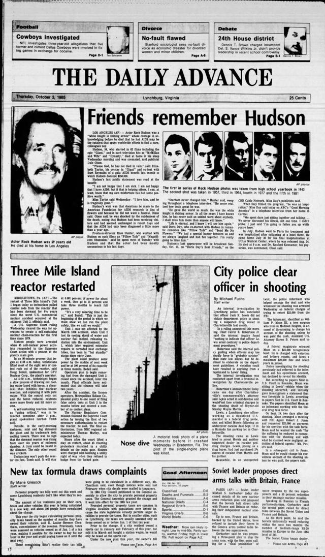 The News Advance front pages: Rock Hudson dies of AIDS