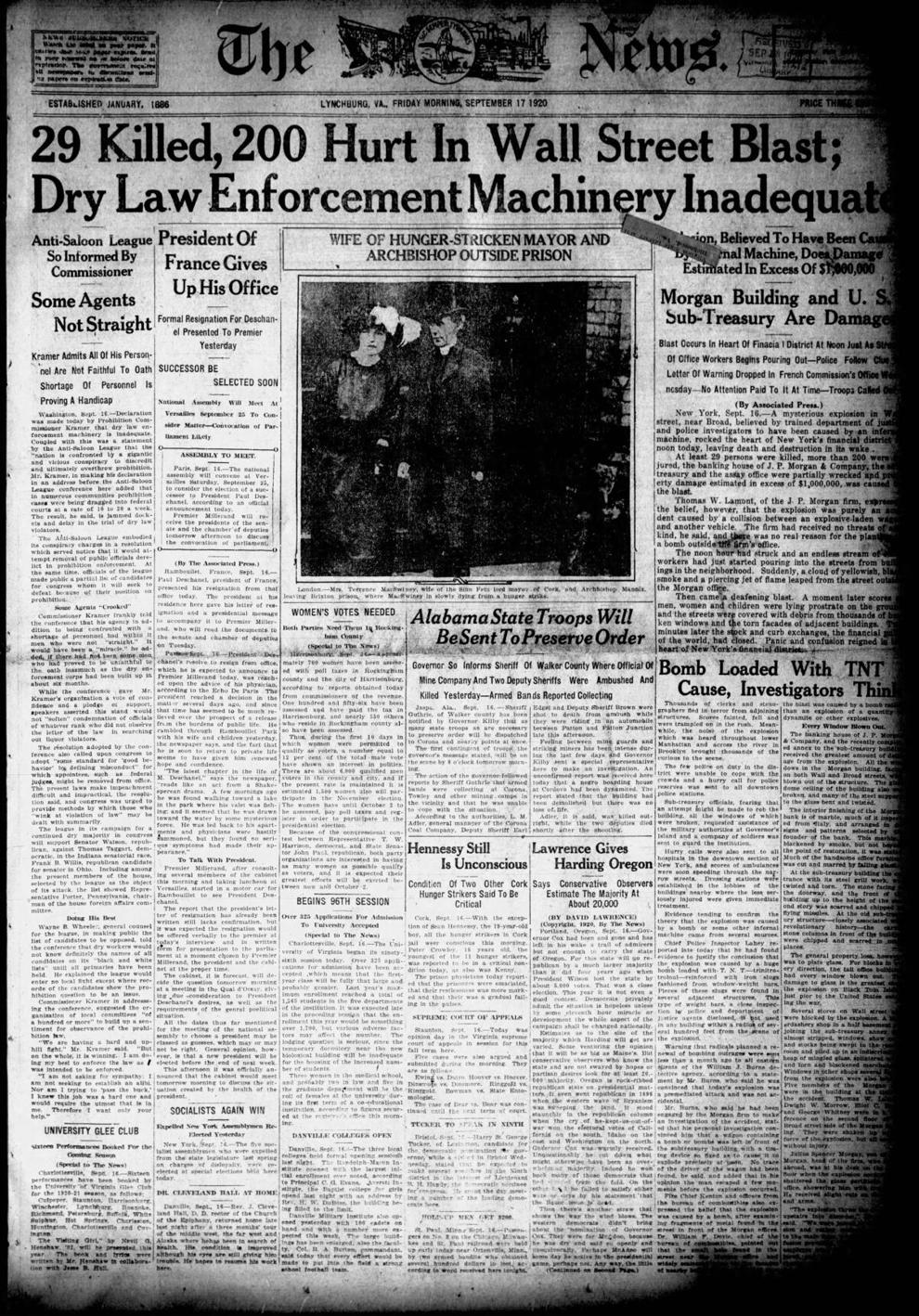 The News Advance front pages: 1920 Wall Street blast