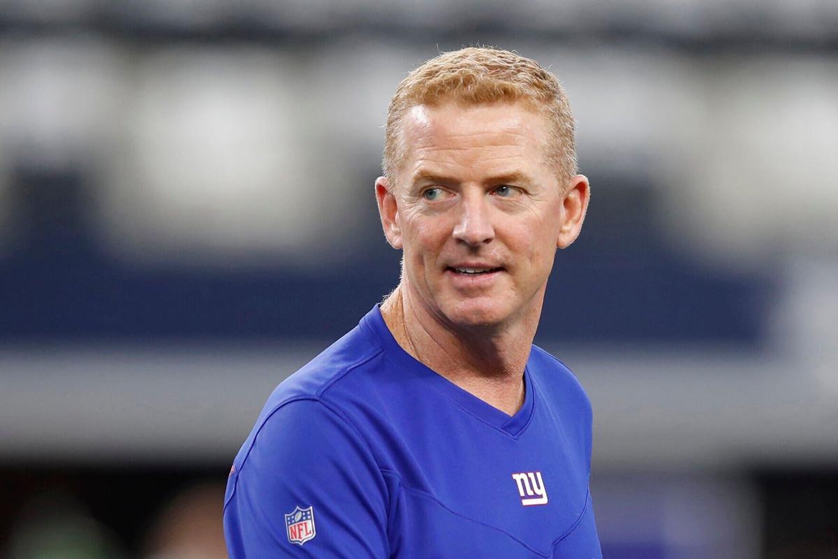 Offensive Coordinator Jason Garrett of the New York Giants on the field before the game against the Dallas Cowboys at AT&T Stadium on Sunday, Oct. 10, 2021 in Arlington, Texas.