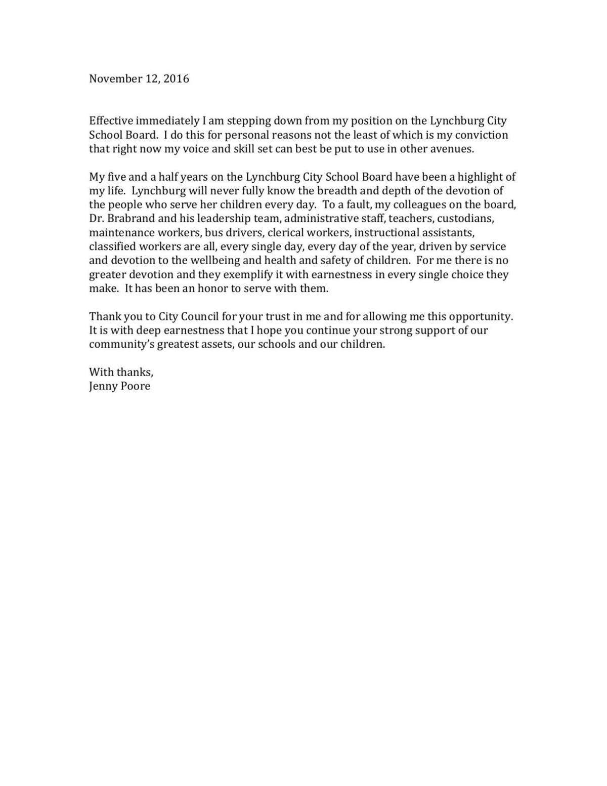 Poore Resignation Letter Local News Newsadvance Com