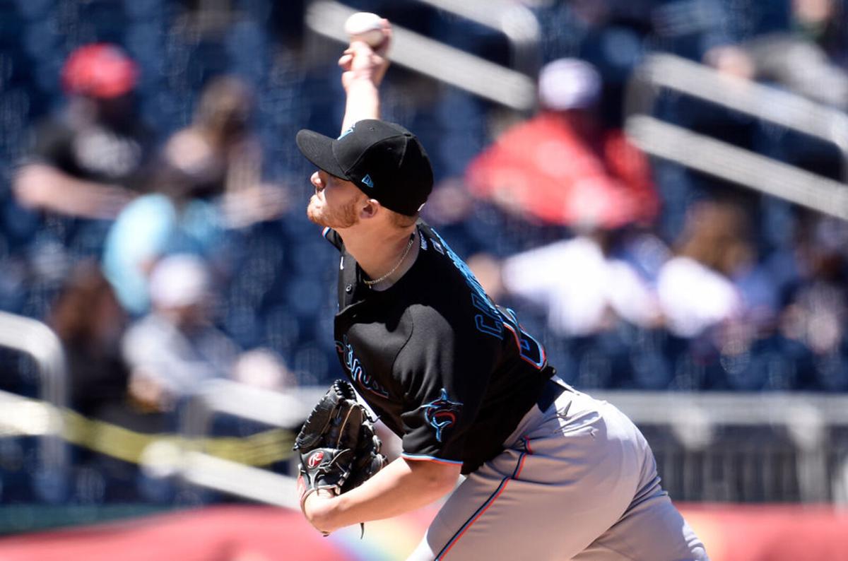 Paul Campbell #53 of the Miami Marlins pitches in the second inning against the Washington Nationals at Nationals Park on May 1, 2021 in Washington, DC.