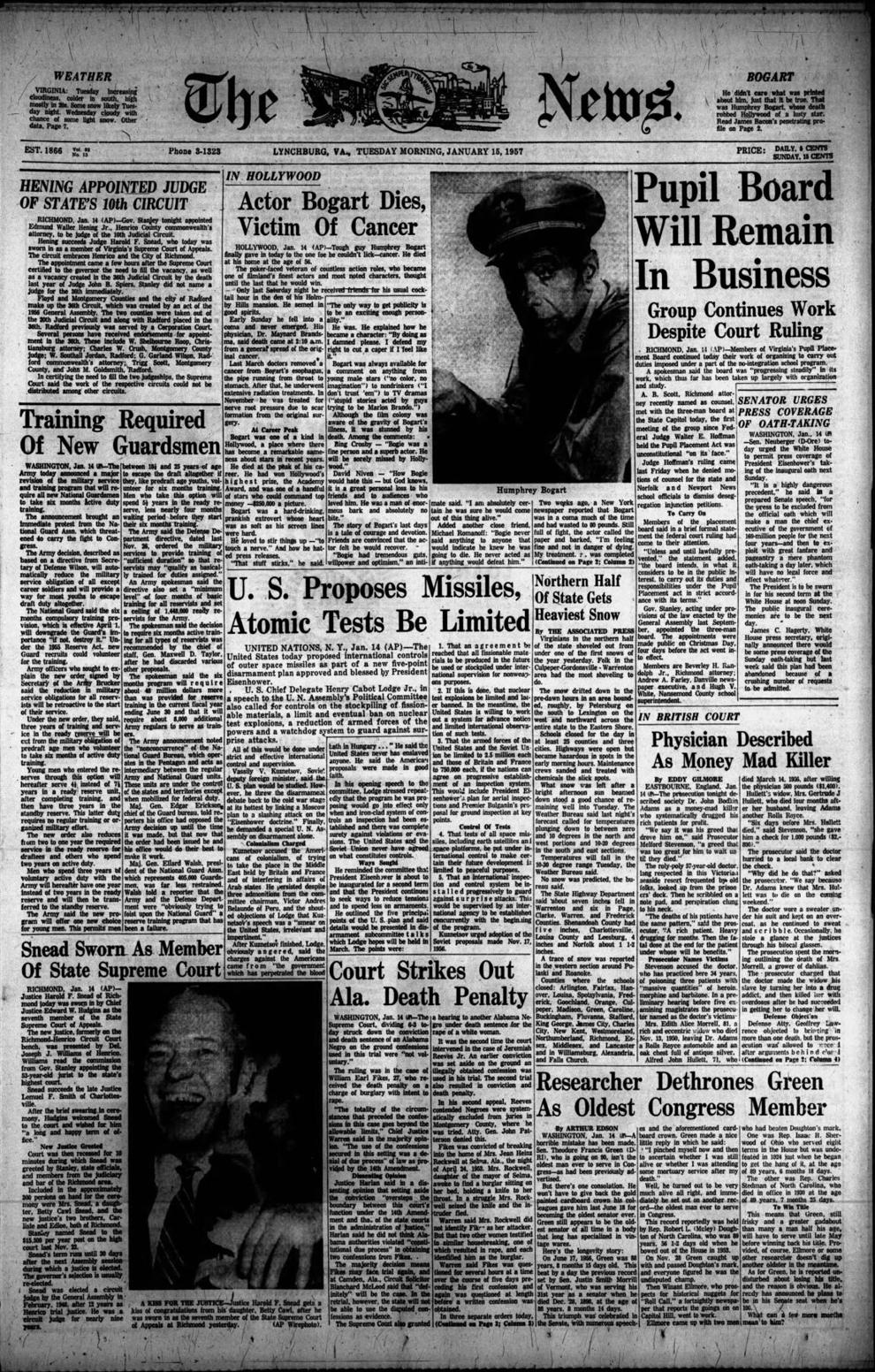 The News Advance front pages: Humphrey Bogart dies