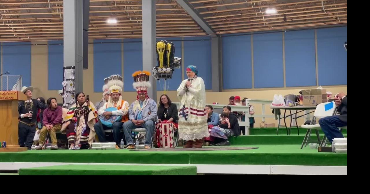 Lily Gladstone speaks at her celebration on the Blackfeet Reservation.