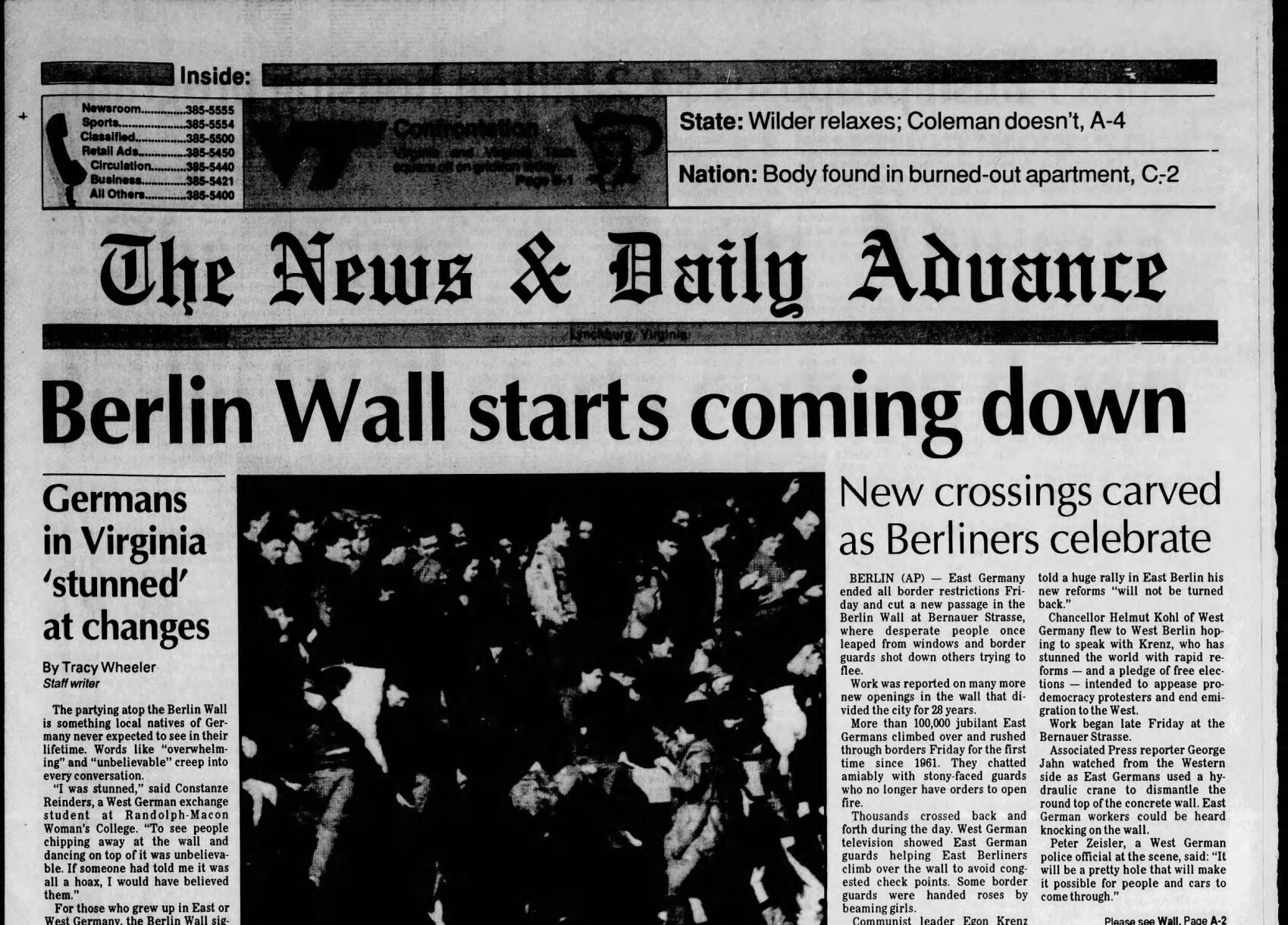 The News & Advance front pages: The Berlin Wall falls