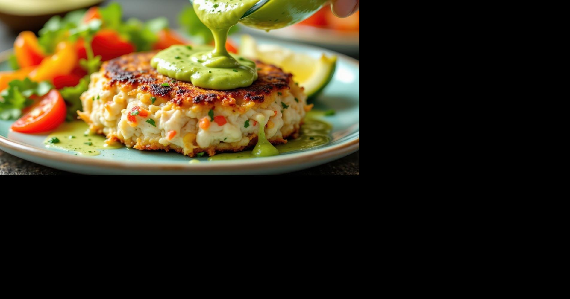 Pesto crab cakes and tomato corn salad