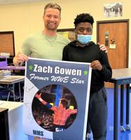 Wrestler Zach Gowen visits Montross Middle School