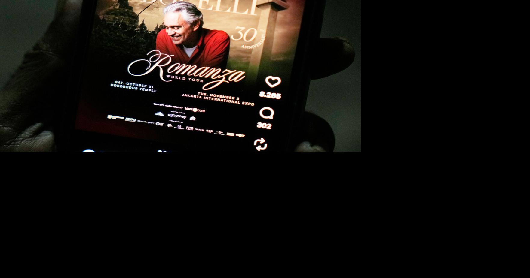 Andrea Bocelli concerts in Indonesia to proceed despite opposition from Muslim clerics Italian tenor Andrea Bocelli's concerts in Indonesia will proceed despite opposition from the country's top Muslim clerical body By NINIEK KARMINI - Associated Press Oct 27, 2026 Oct 27, 2026 Updated 2 mins ago