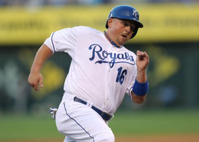 Billy Butler #16 of the Kansas City Royals celebrates as he rounds the  bases after hit…