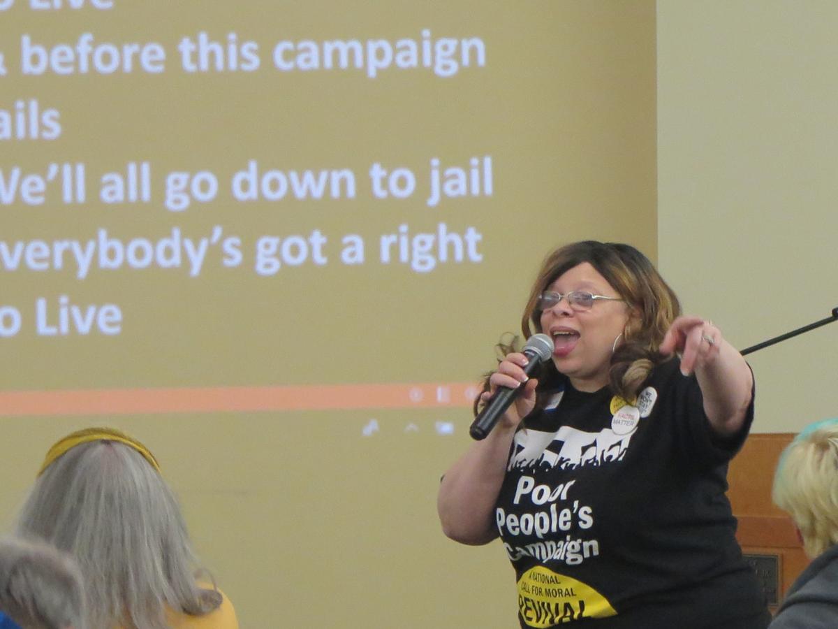 Adrienne Young, a coordinator for the Shenandoah Valley chapter of the Poor People's Campaign, led attendees in song at the chapter's launch at the Waynesboro Unitarian Universalist church on Friday, Jan. 24, 2020.
