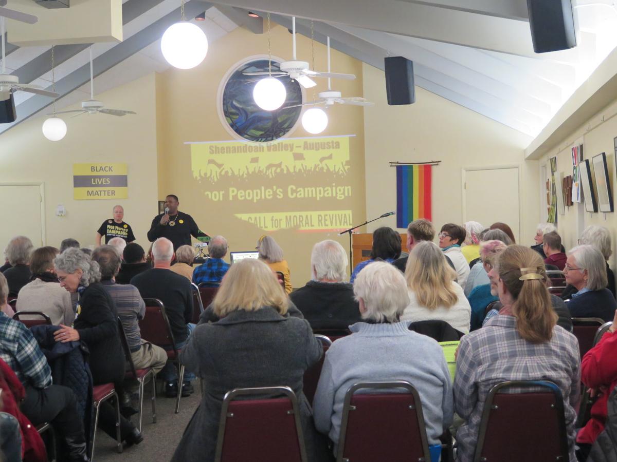 AJ Young, a coordinator for the Shenanodah Valley chapter of the Poor People's Campaign, addressed the crowd at the chapter's launch in the Waynesboro Unitarian Universalist church on Friday, Jan. 24, 2020.
