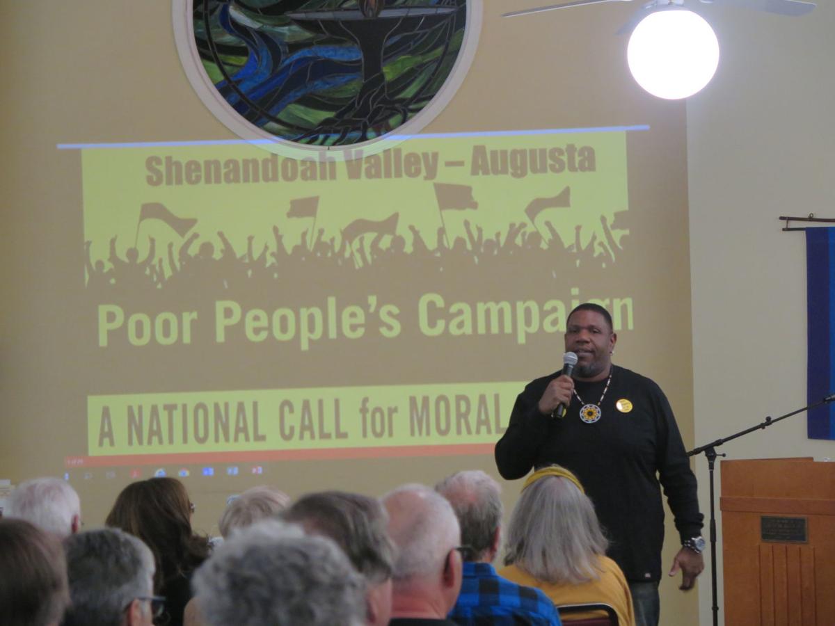 AJ Young, a coordinator for the Shenandoah Valley chapter of the Poor People's Campaign, addressed attendees at the chapter's launch at the Waynesboro Unitarian Universalist church on Friday, Jan. 24, 2020.