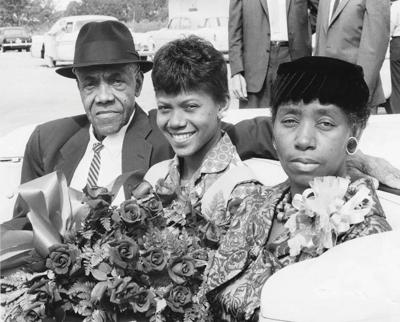 Wilma Rudolph and parents in a parade in Clarksville, Tennessee, after the Rome Olympics, 1960 October 04.jpg