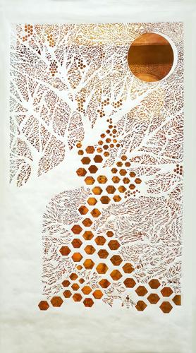Sarah Nguyen. Devorah- Bee 76” H x 49” W Hand-cut Tyvek and wooden rod, spray painted paper. Photo courtesy of the Artist.