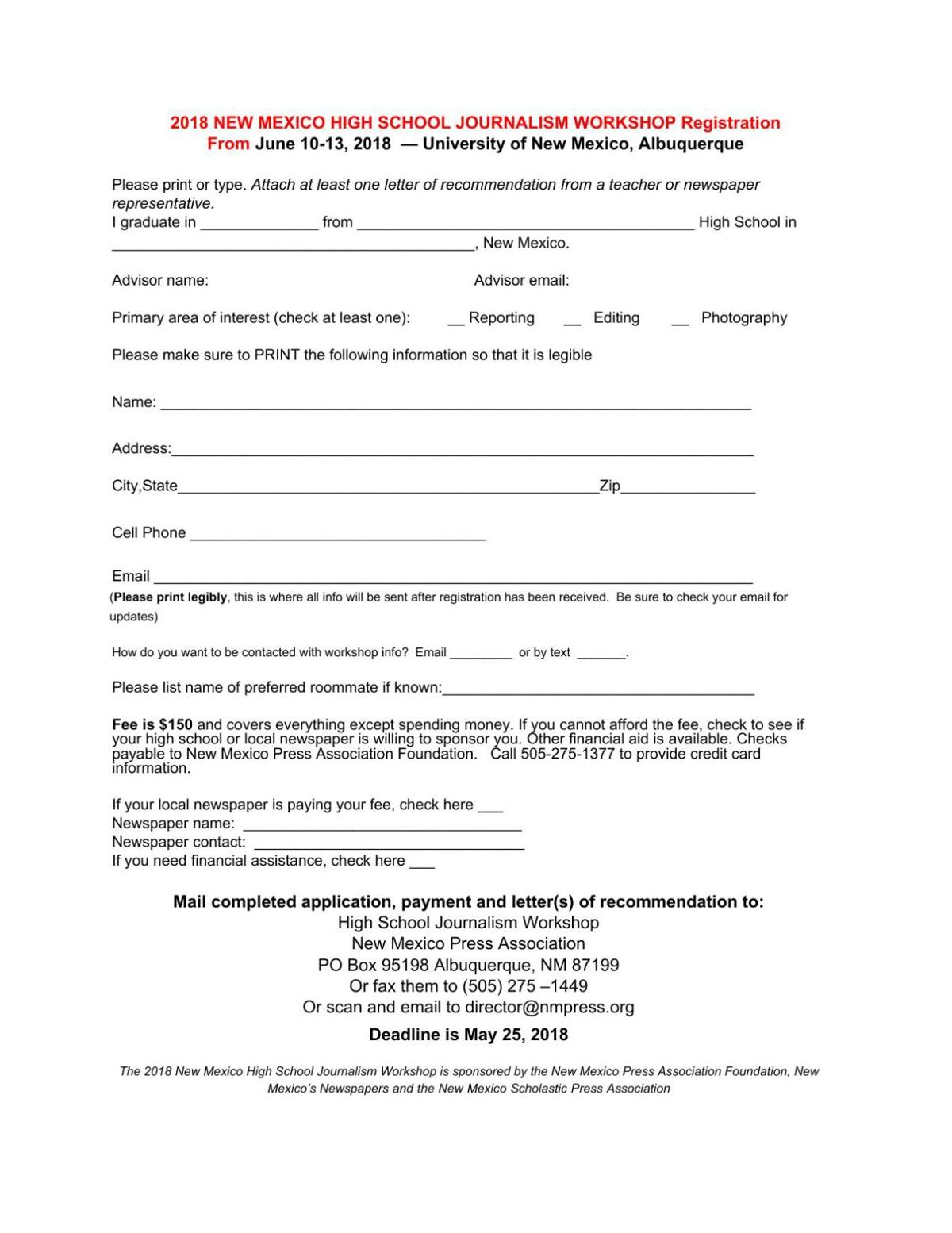 2018 Hsjw Registration Form Nmpress Org