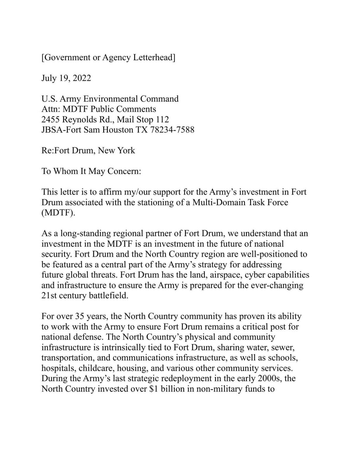 Fort Drum Support Letter
