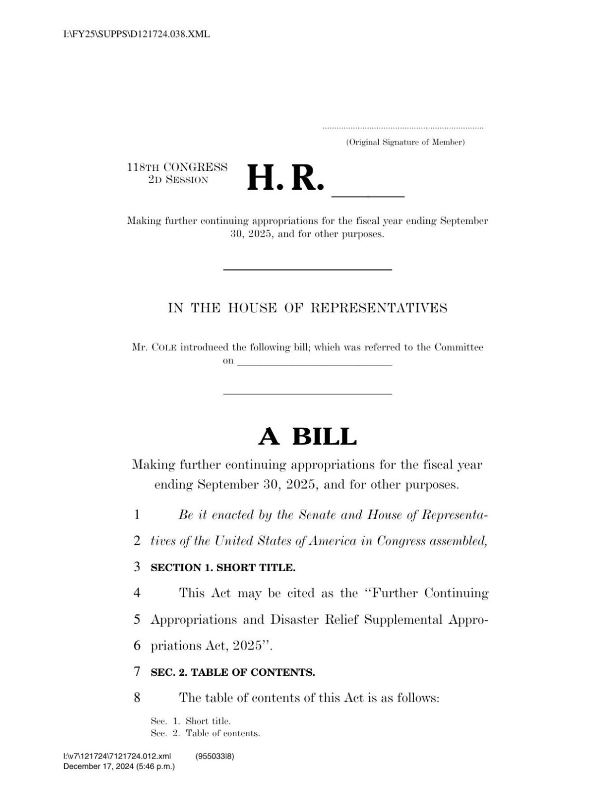 Continuing Resolution released Dec. 17, 2024