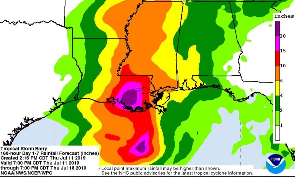 Latest Tropical Storm Barry projected rainfall Up to 25 inches in