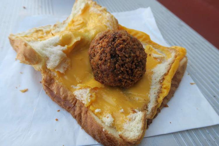 DIY Jazz Fest food boudin grilled cheese, an Acadiana/Americana