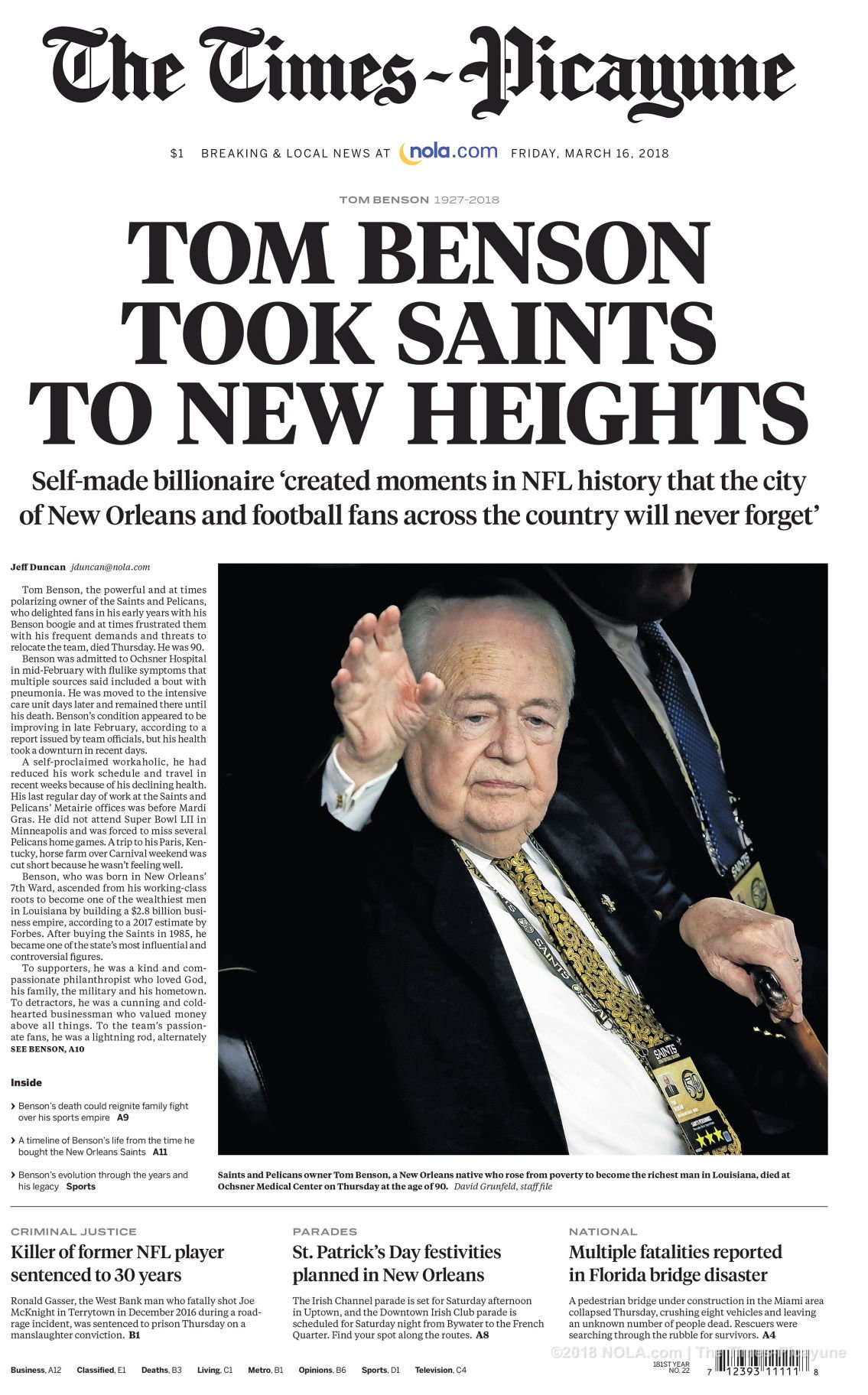 Saints owner Tom Benson memorialized by fans, media and employees