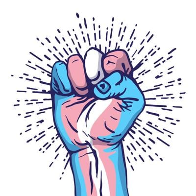 A human hand clenched into a fist. Flag of transgender pride. A colorful symbol of one of the LGBT flags. Sexual identification.