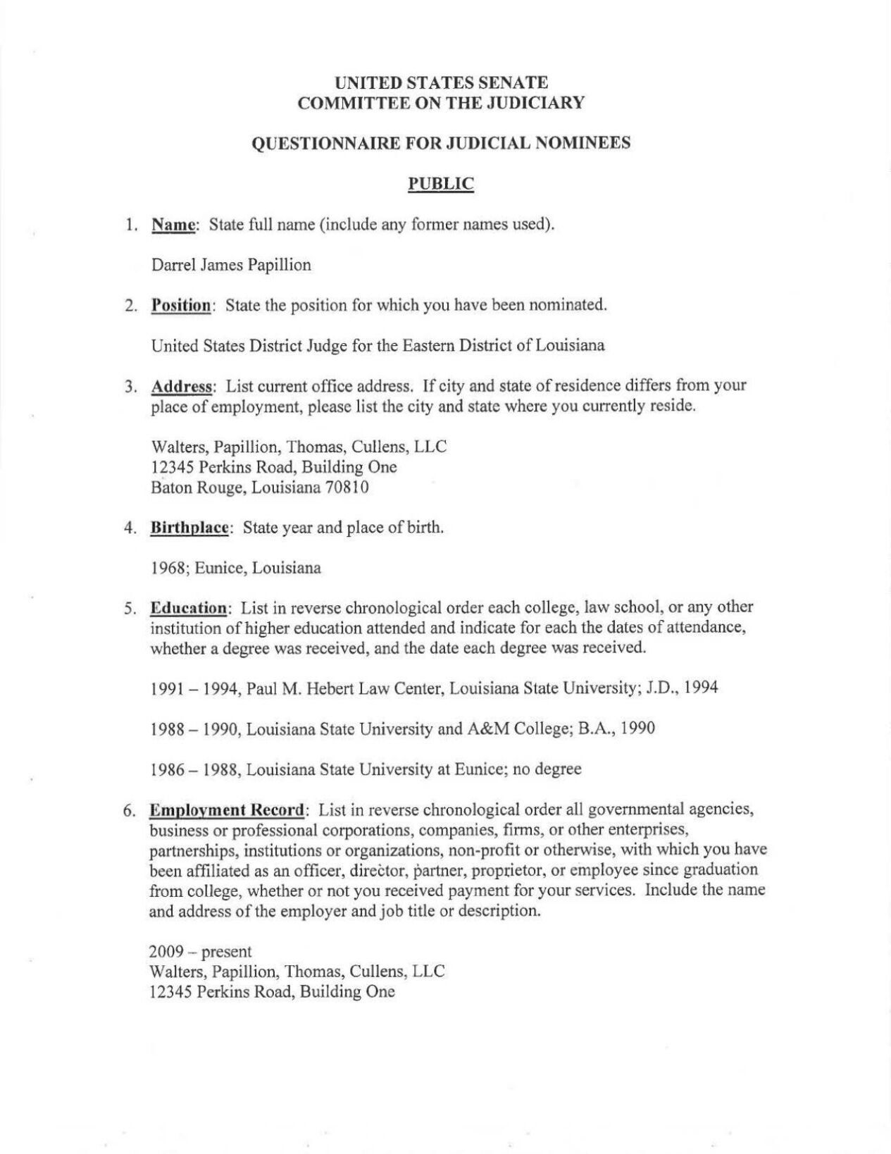 Darrel Papillion Judiciary Questionnaire