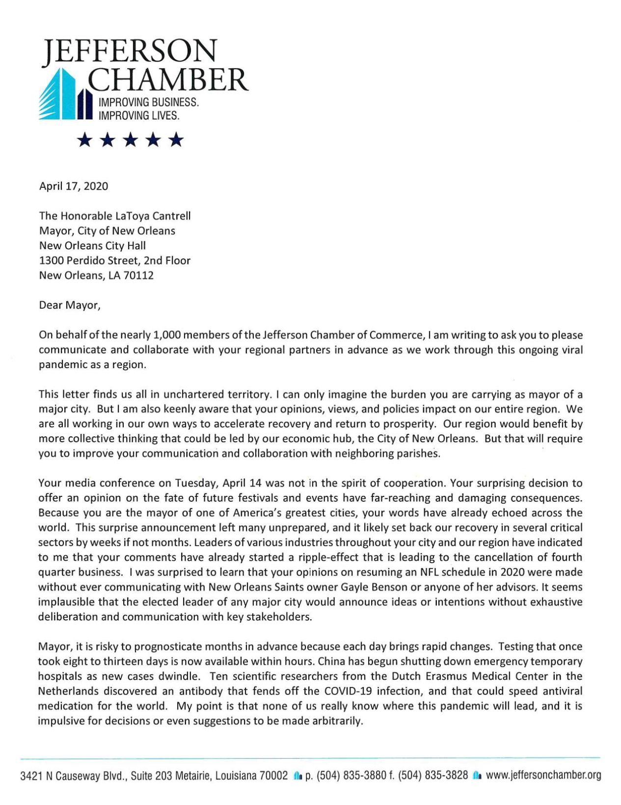 Jefferson Chamber letter to Mayor LaToya Cantrell | | nola.com