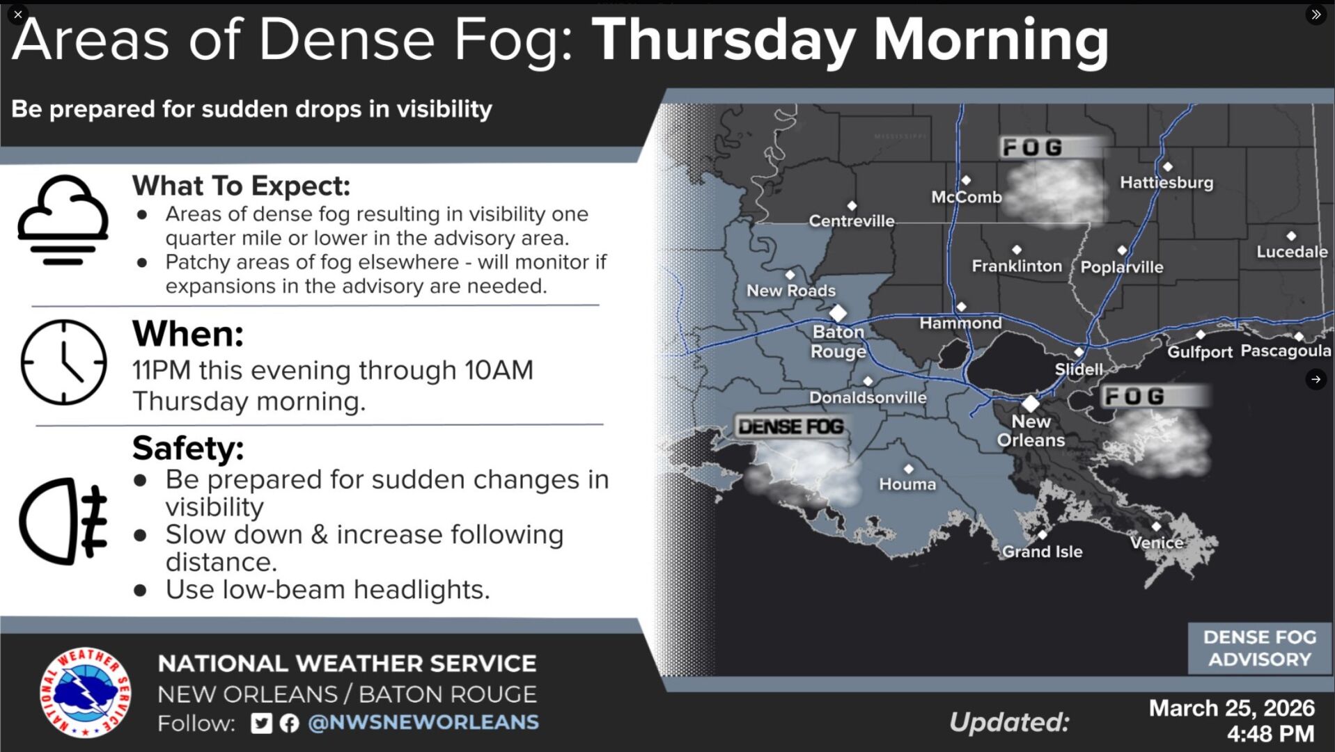 Weather service warns of dense fog early Thursday Morning | Traffic ...