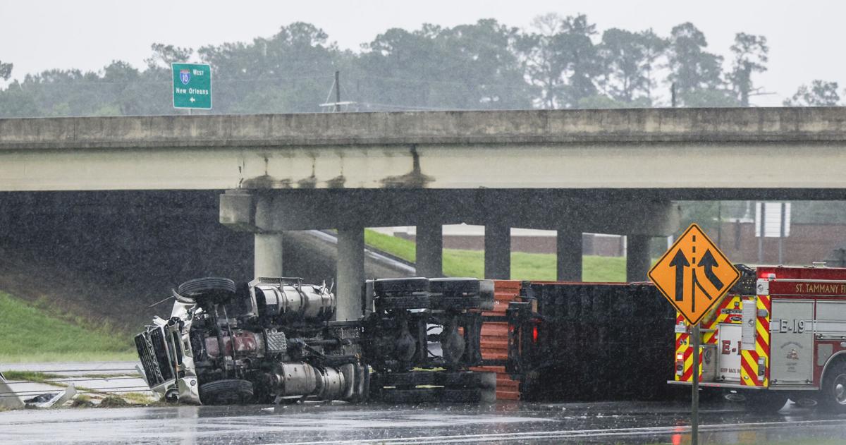 Semi-truck overturns on Interstate 10 in Slidell, blocking some lanes of eastbound traffic