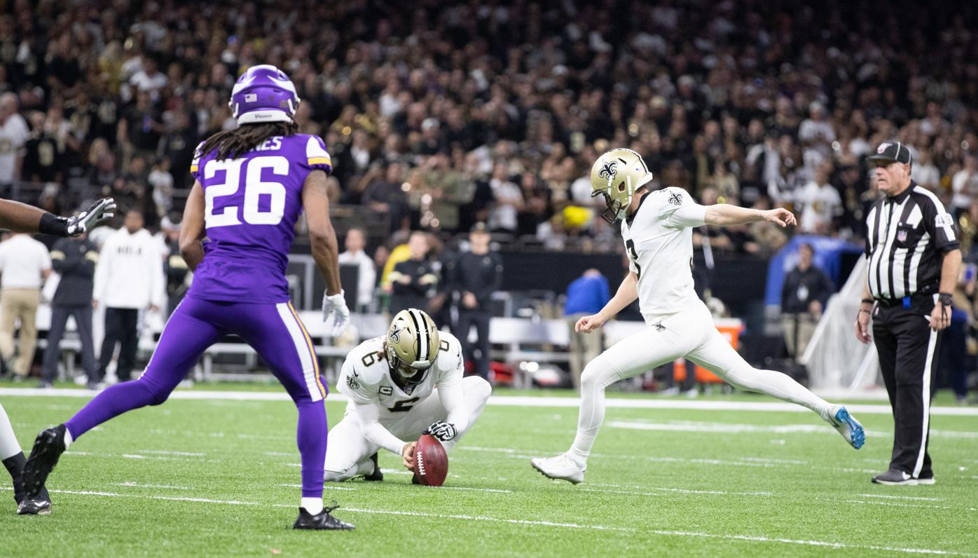 Minnesota Vikings wide receiver Stefon Diggs (14) reacts overtime of an NFL  wild-card playoff football game against the New Orleans Saints, Sunday,  Jan. 5, 2020, in New Orleans. The Vikings won 26-20. (