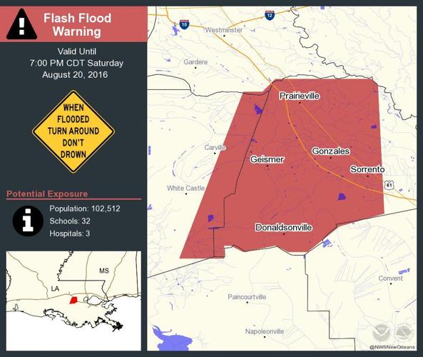 Flash flood warning til 7 Saturday for Ascension, Iberville parishes