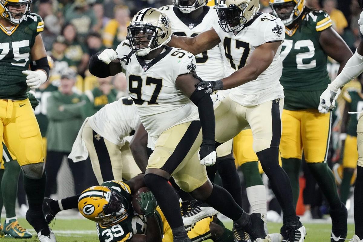 New Orleans Saints middle linebacker Manti Te'o (51) and defensive end  Cameron Jordan (94) celebrate a missed field goal attempt by the Chicago  Bears at the Mercedes-Benz Superdome in New Orleans October