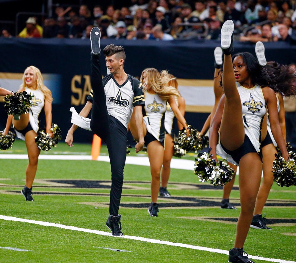 New Orleans Saints cheerleader Jesse Hernandez, a member of the  Saintsations, dances in the first half of an NFL football game against the  Tampa Bay Buccaneers in New Orleans, Sunday, Sept. 9