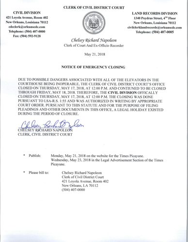 CLOSURE: City of N O Clerk of Civil District Court Business News
