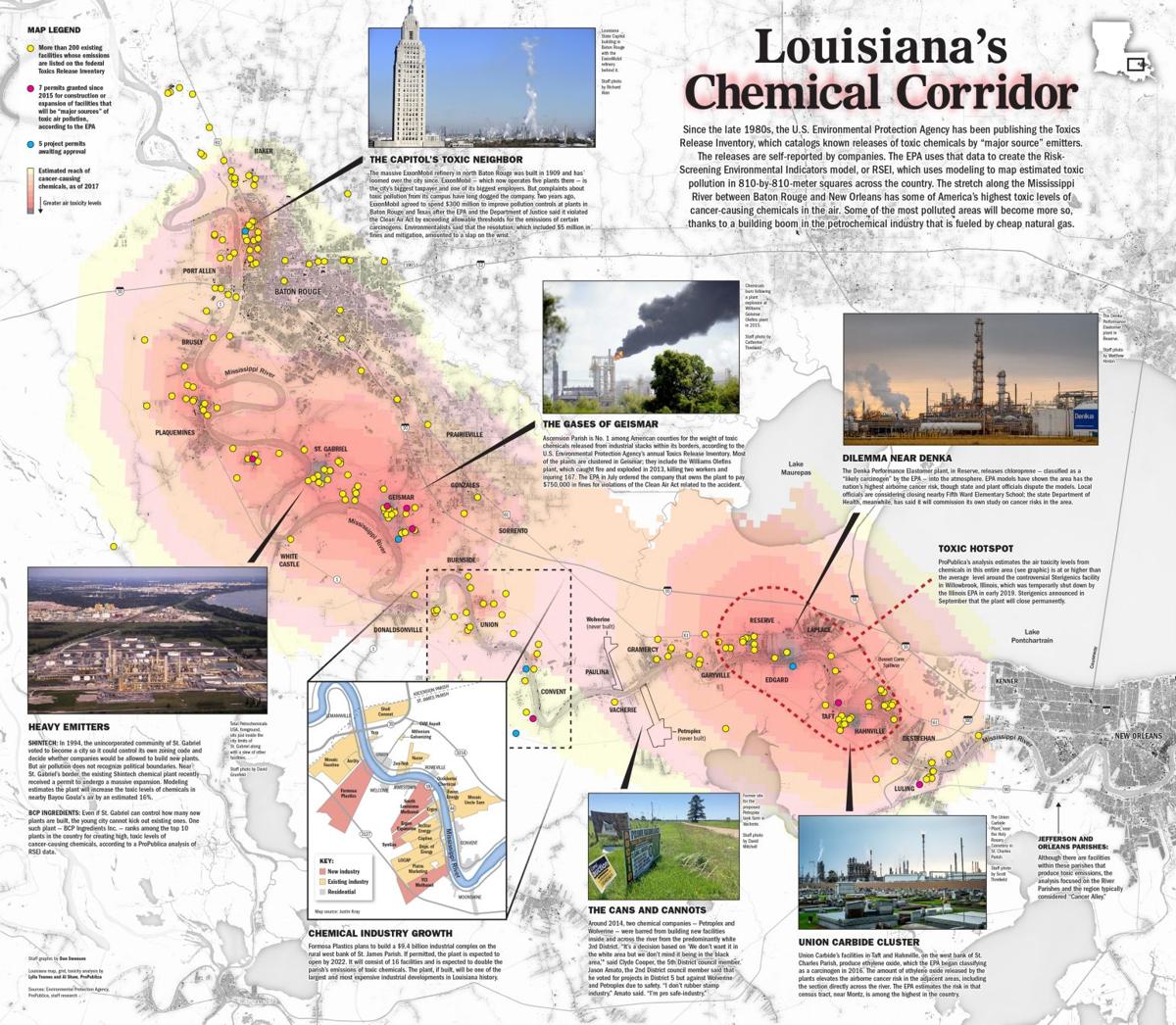 Chemical Plants In Louisiana Map Explore Louisiana's Chemical Corridor on this two page newspaper 