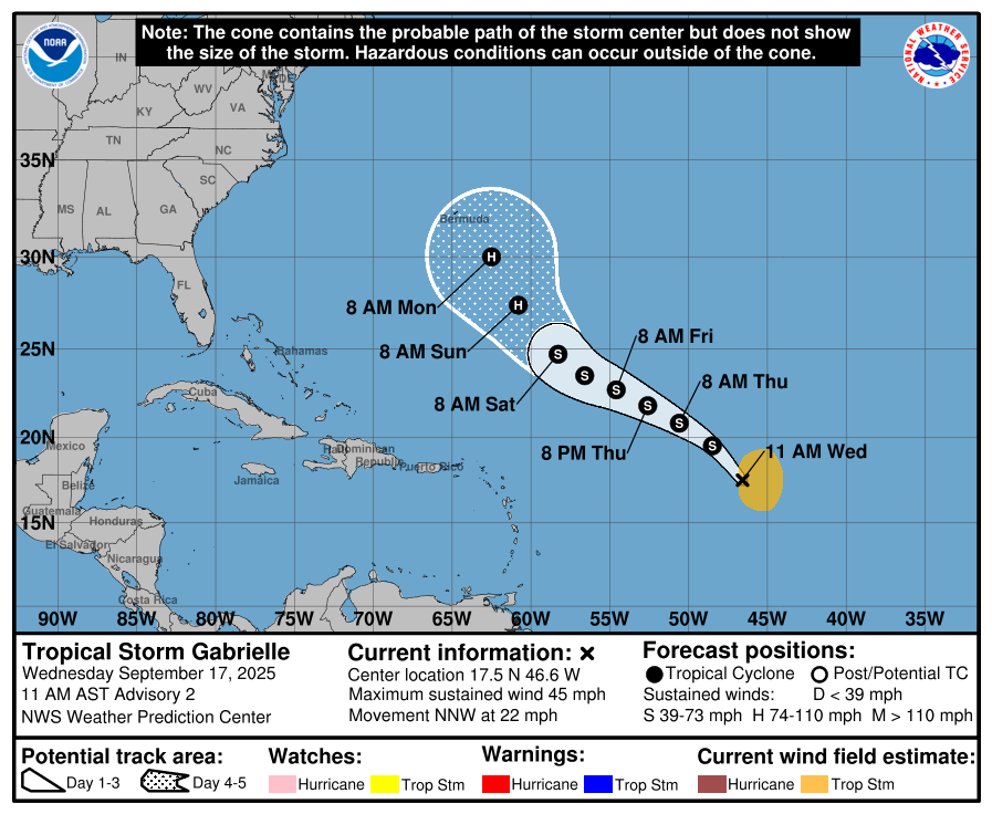 Tropical Storm Gabrielle forms in the Atlantic Ocean | Hurricane Center ...