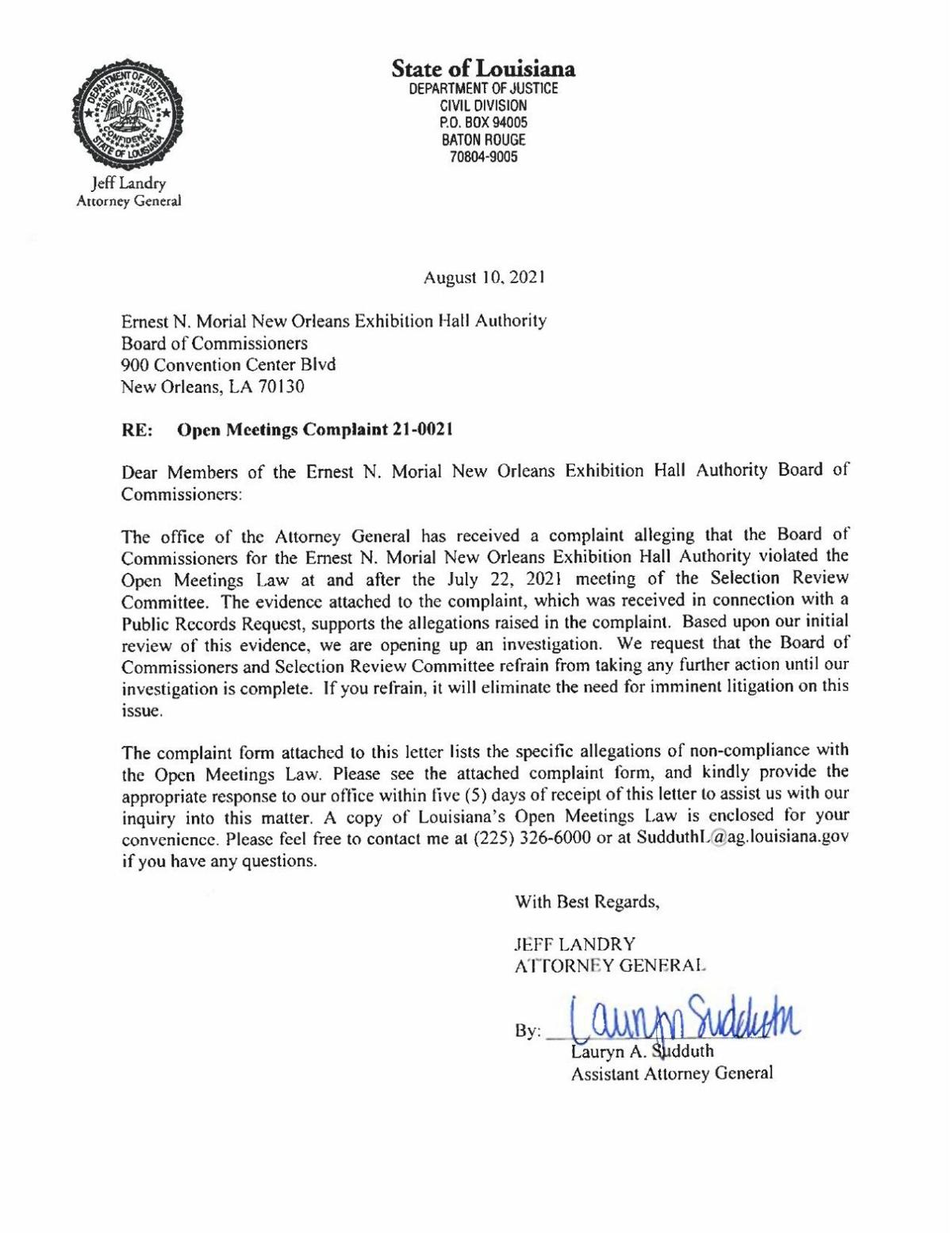 Louisiana AG's letter to the Convention Center board