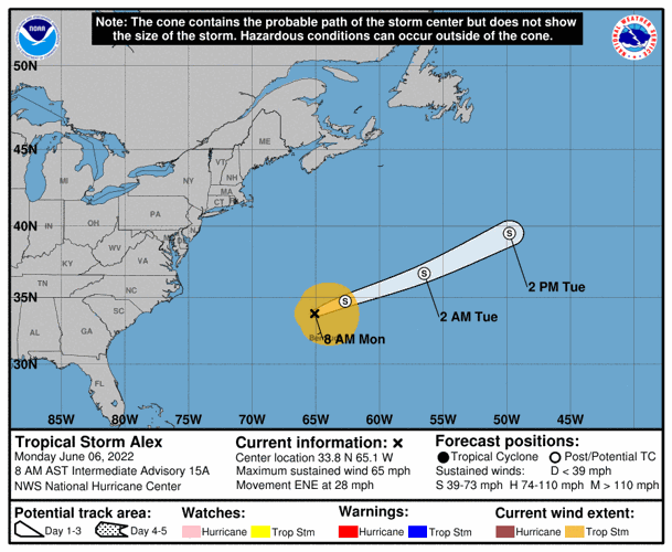 Tropical Storm Alex 7 am path