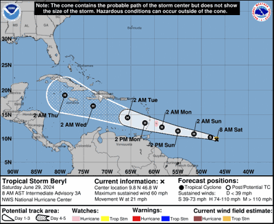 Tropical Storm Beryl 5 a.m. forecast cone from NHC