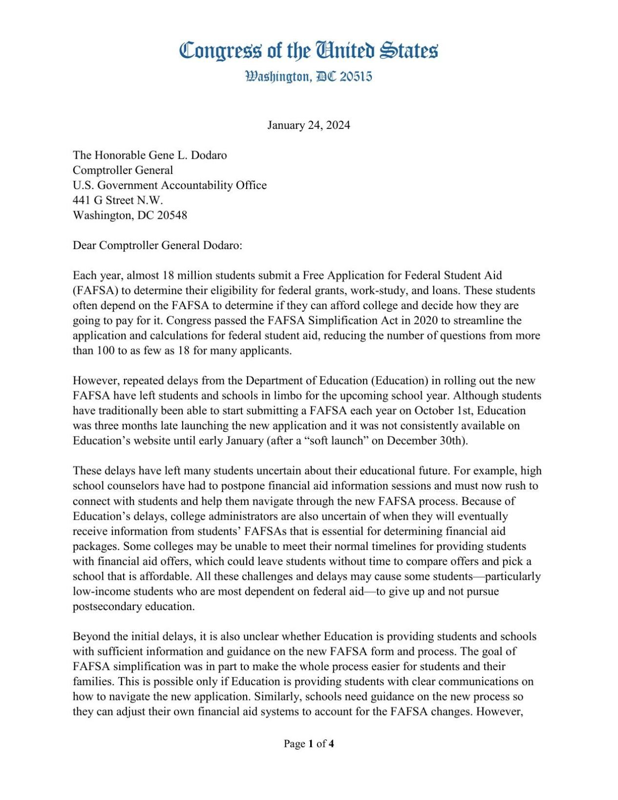 Letter requesting investigation by U.S. Government Accountability ...