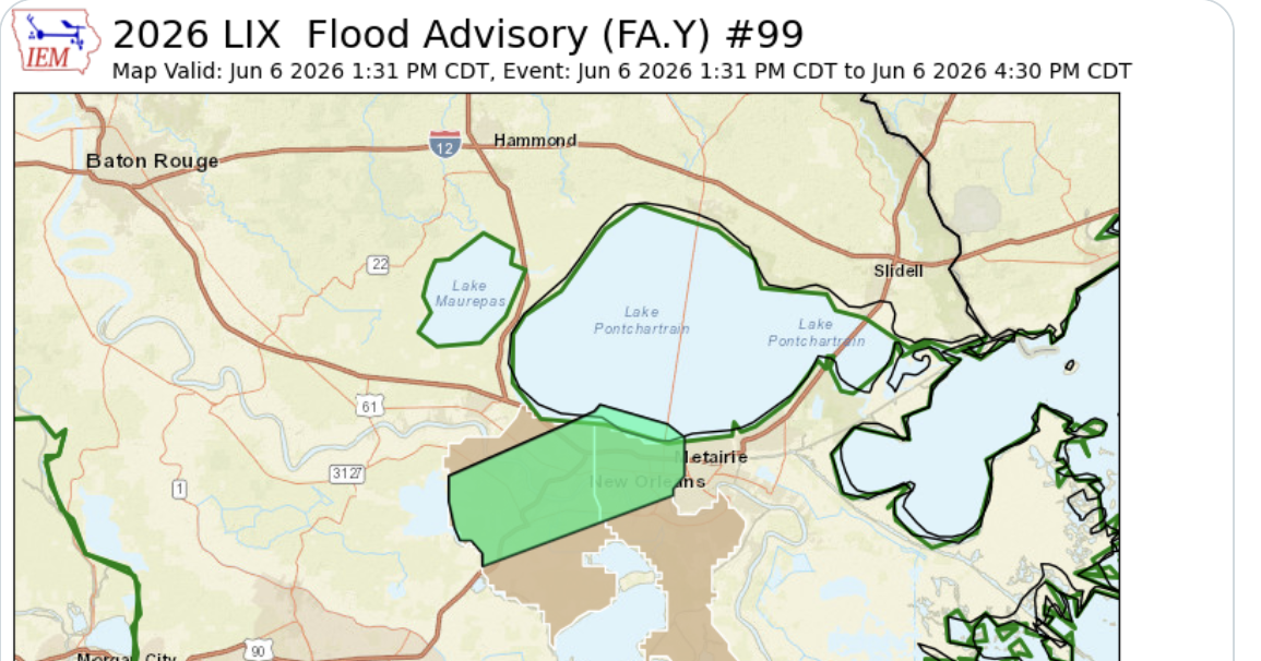 Flood advisory issued for Jefferson, St. Charles; flash flood warnings posted north of Lake Pontchartrain