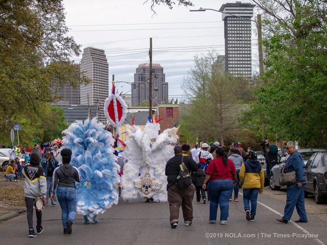 Mardi Gras Indians meander through Central City in New Orleans on Super Sunday 2019