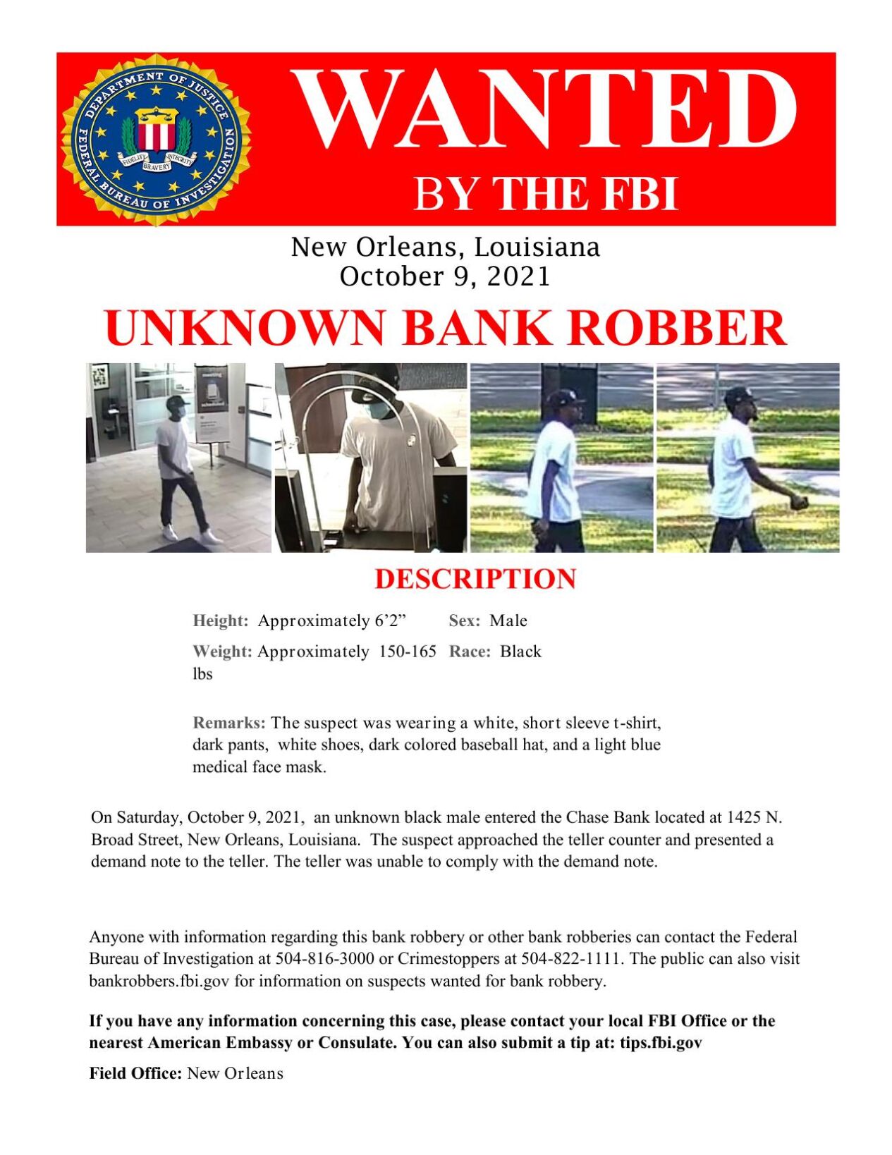 Wanted poster for bank robber October 9, 2021
