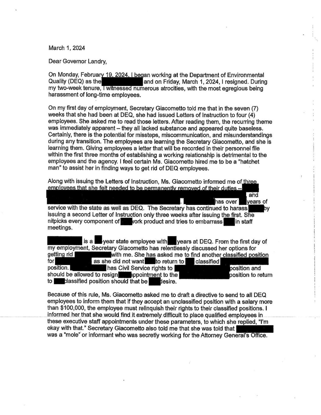 Redacted Pidgeon resignation letter | | nola.com