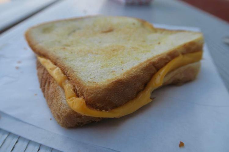 DIY Jazz Fest food boudin grilled cheese, an Acadiana/Americana