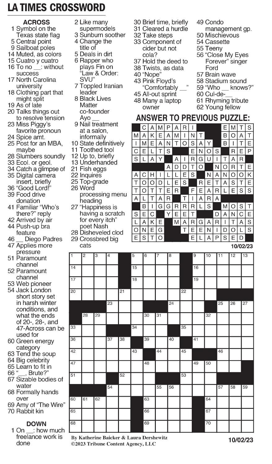 Times Picayune crossword Oct 2 2023 nola com