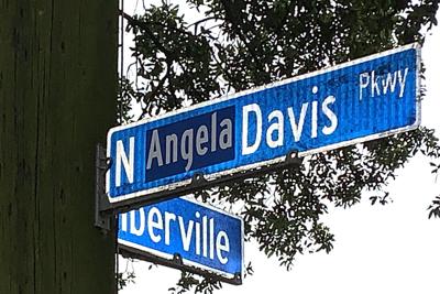 N. Jeff Davis Parkway street sign altered to honor civil rights activist Angela Davis